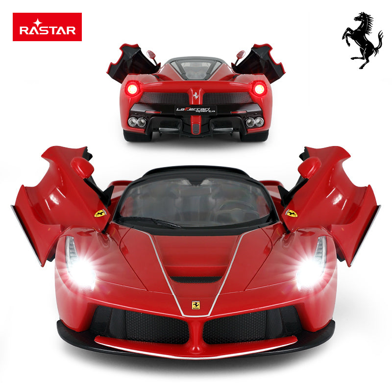 Rastar 1:14 Ferrari LaFerrari Aperta RC car composite image in Ferrari red showing two angles — a rear-on view with taillights illuminated and a front-on view with both butterfly doors open and LED headlights shining brightly; demonstrates the working light effects.