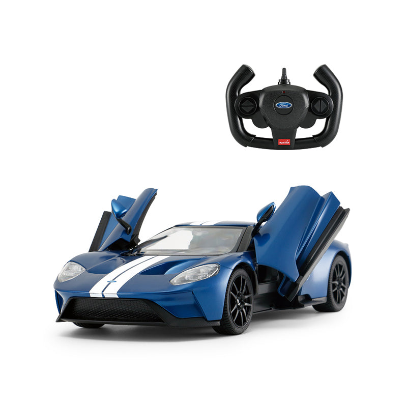 Rastar 1:14 Ford GT RC car in blue with white racing stripes, front 3/4 view with both butterfly doors open, displayed alongside the Ford-branded Rastar steering wheel controller; carbon-effect lower bodywork and black alloy wheels are clearly visible.