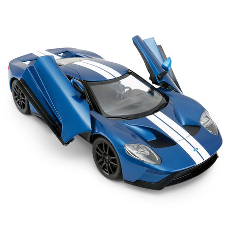 Rastar 1:14 Ford GT RC car in blue with white racing stripes, elevated front 3/4 view with both butterfly doors wide open, showing the open interior cabin, aerodynamic hood scoop, and Ford badge on the front fascia.