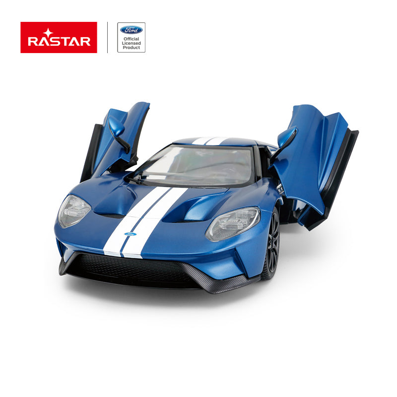 Rastar 1:14 Ford GT RC car in blue with white racing stripes, front 3/4 view with both butterfly doors open showing the Rastar and Ford Official Licensed Product logos; aggressive front splitter and carbon-look lower panels clearly visible.