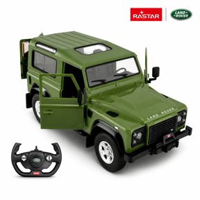 Rastar 1:14 Land Rover Defender RC car in olive green displayed at a front 3/4 angle with doors open, shown alongside its steering-wheel-style remote controller featuring the Land Rover logo, with Rastar and Land Rover branding visible.