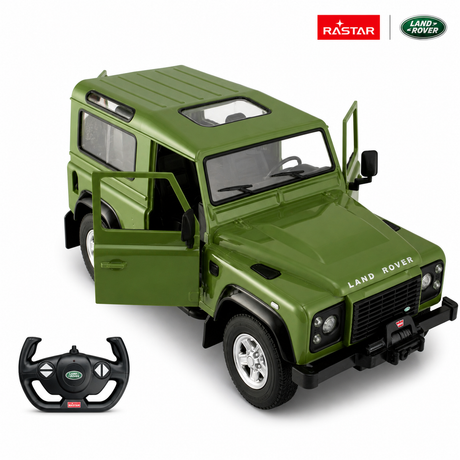Rastar 1:14 Land Rover Defender RC car in olive green at a slight front 3/4 angle with driver-side door open, displayed with its steering-wheel remote controller; Rastar and Land Rover logos shown in the top corners.