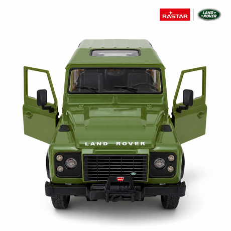 Rastar 1:14 Land Rover Defender RC car in olive green viewed directly front-on with both doors open, clearly showing the Land Rover grille, round headlights, and front bumper detail.