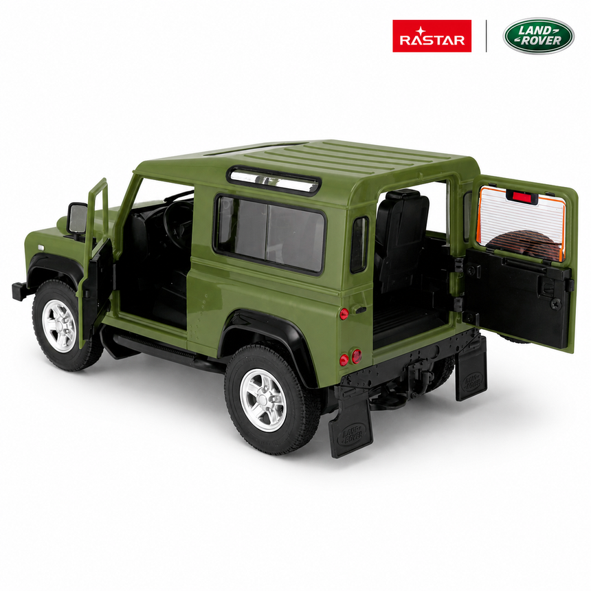 Rastar 1:14 Land Rover Defender RC car in olive green from a rear 3/4 angle with both doors open, showing the spare tyre on the tailgate, rear tail lights, and black roof rack detail.