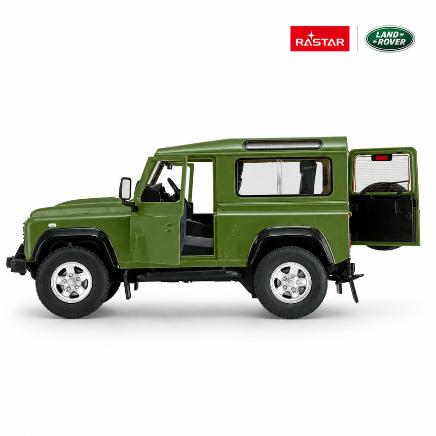 Rastar 1:14 Land Rover Defender RC car in olive green viewed from a left side 3/4 angle with the rear door open, showing the spare tyre mount and alloy-style wheel rims.
