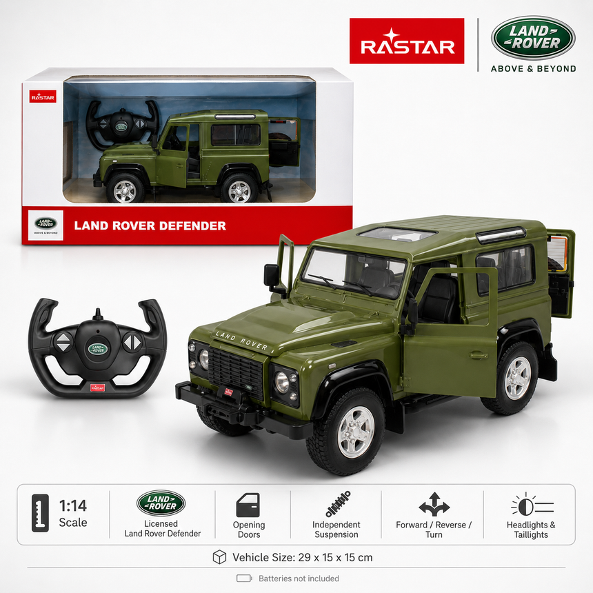 Rastar 1:14 Land Rover Defender RC car product overview image showing the green model with its retail box, steering-wheel remote controller, and icon strip listing key features: 1:14 scale, officially licensed Land Rover Defender, opening doors, independent suspension, forward/reverse/turn, and headlights and taillights.