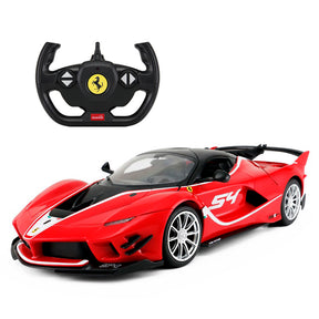 Rastar 1:14 Ferrari FXX K EVO RC car in red with white race livery and number 54, shown at a front 3/4 angle alongside its Ferrari-branded steering-wheel-style remote controller featuring the prancing horse logo.