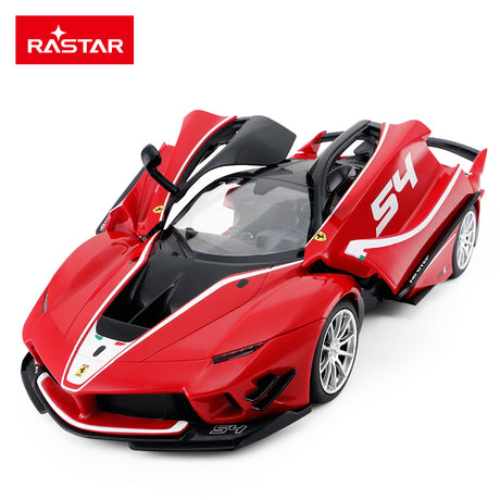 Rastar 1:14 Ferrari FXX K EVO RC car in red with white number 54 race livery, viewed from an overhead 3/4 angle with both butterfly-style doors open, revealing the detailed interior cockpit and large rear wing.
