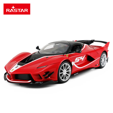 Rastar 1:14 Ferrari FXX K EVO RC car in red with white race livery and number 54 graphics, shown from a front 3/4 angle with doors closed, highlighting the aggressive front splitter, side intakes, and large rear wing.