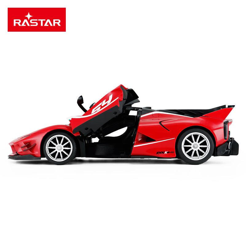 Rastar 1:14 Ferrari FXX K EVO RC car in red with number 54 race livery viewed in full side profile with butterfly door open, showing the low-slung body, Italian flag detail, and FXX Evo badging.