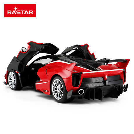 Rastar 1:14 Ferrari FXX K EVO RC car in red with number 54 livery seen from a rear 3/4 angle with both butterfly doors raised open, exposing the diffuser, twin exhausts, and large rear wing.