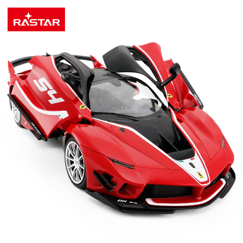 Rastar 1:14 Ferrari FXX K EVO RC car in red with number 54 livery from a front 3/4 overhead angle with butterfly doors open, highlighting the Valkyrie-style canopy cockpit, Italian flag graphics, and aggressive aerodynamic body kit.