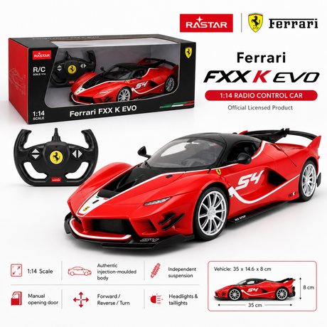 Rastar 1:14 Ferrari FXX K EVO RC car product overview image showing the red number 54 race livery model at a front 3/4 angle alongside its retail box and Ferrari-branded steering-wheel remote controller, with an icon strip listing key features: 1:14 scale, authentic injection-moulded body, independent suspension, manual opening doors, forward/reverse/turn, and headlights and taillights; vehicle dimensions 35 x 14.6 x 8 cm.
