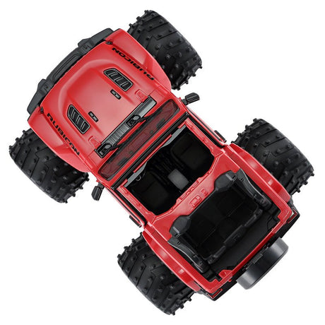 Rastar 1:14 Jeep Wrangler Rubicon Big Foot RC car in red viewed from directly overhead with roof removed, showing the full open interior layout, Rubicon bonnet graphics, and the four oversized knobby bigfoot tyres spread wide.
