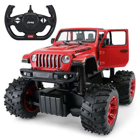 Rastar 1:14 Jeep Wrangler Rubicon Big Foot RC car in red at a front 3/4 angle with driver-side door open, shown with its Jeep-branded steering-wheel remote controller; the oversized knobby bigfoot tyres with red rims and heavy-duty suspension springs are prominently displayed.