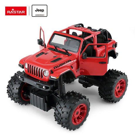 Rastar 1:14 Jeep Wrangler Rubicon Big Foot RC car in red at a front 3/4 angle with driver-side door open and roof removed, showing the open interior roll cage, Rubicon graphics, and enormous red-rimmed bigfoot tyres on heavy coil-spring suspension.