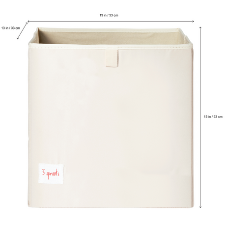 Beige storage bin with dimensions labeled on a white background