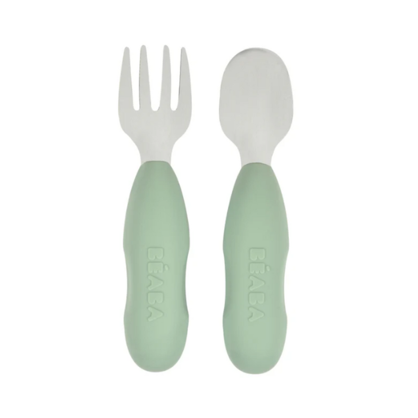 Beaba Fork & Spoon Stainless Steel Pre-Cutlery - Sage Green