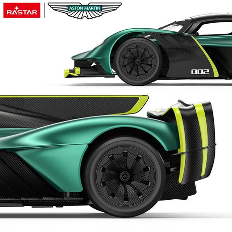 Rastar 1:14 Aston Martin Valkyrie AMR Pro RC car detail closeup in a split-image composition showing a side profile of the front-right section with number 002 and neon yellow stripe, and a lower rear-quarter closeup highlighting the rear carbon-effect wheel arch, rear wing base, and neon yellow accent lines.