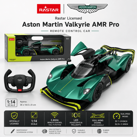 Rastar 1:14 Aston Martin Valkyrie AMR Pro RC car product overview with retail box and Aston Martin-branded remote; features 2.4GHz full-function control, LED lights, manually opening gull-wing doors, dual speed modes (D1 7–9 km/h, D2 9–11 km/h), independent suspension, magnetic rear motor, ABS body, rubber tyres; approx. 35 x 14.6 x 8 cm.