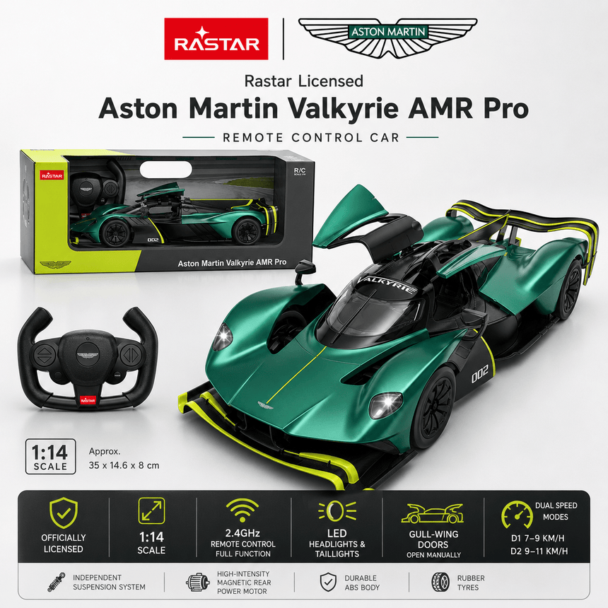 Rastar 1:14 Aston Martin Valkyrie AMR Pro RC car product overview with retail box and Aston Martin-branded remote; features 2.4GHz full-function control, LED lights, manually opening gull-wing doors, dual speed modes (D1 7–9 km/h, D2 9–11 km/h), independent suspension, magnetic rear motor, ABS body, rubber tyres; approx. 35 x 14.6 x 8 cm.