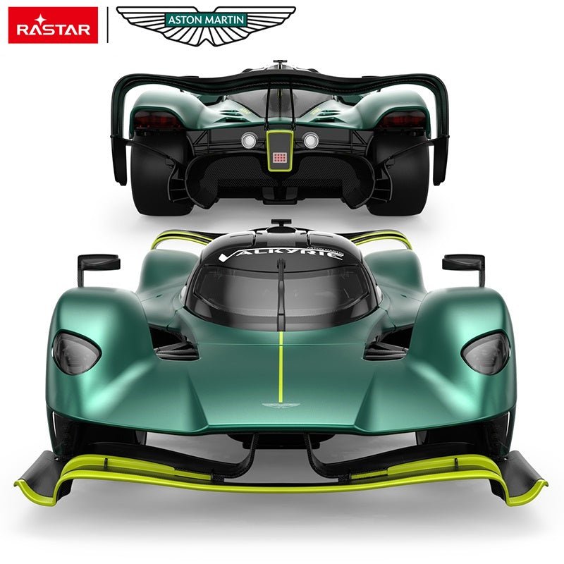 Rastar 1:14 Aston Martin Valkyrie AMR Pro RC car in racing green with neon yellow accents shown in a composite of front-on and rear-on views, displaying the aggressive front splitter and headlight pods at the front and the intricate rear diffuser with tail lights at the rear.