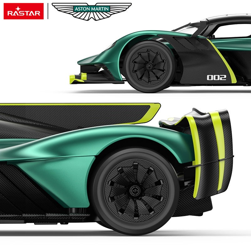 Rastar 1:14 Aston Martin Valkyrie AMR Pro RC car detail closeup in a split-image composition showing a side profile of the front-right section with number 002 and neon yellow stripe, and a lower rear-quarter closeup highlighting the rear carbon-effect wheel arch, rear wing base, and neon yellow accent lines.
