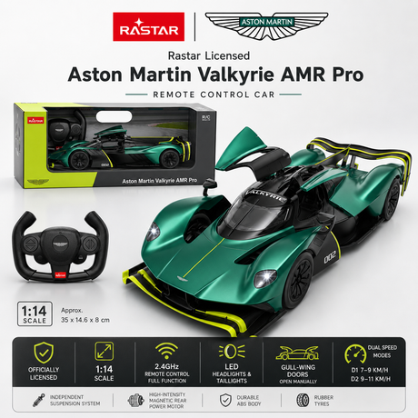 Rastar 1:14 Aston Martin Valkyrie AMR Pro RC car product overview with retail box and Aston Martin-branded remote; features 2.4GHz full-function control, LED lights, manually opening gull-wing doors, dual speed modes (D1 7–9 km/h, D2 9–11 km/h), independent suspension, magnetic rear motor, ABS body, rubber tyres; approx. 35 x 14.6 x 8 cm.