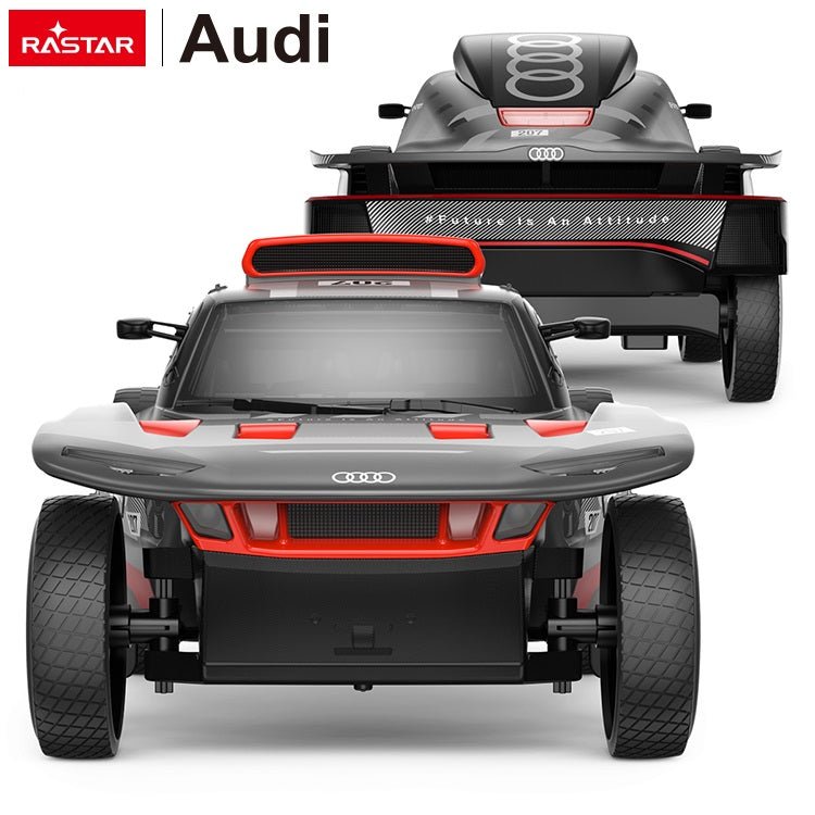 Rastar 1:14 Audi RS Q e-tron E2 RC car shown from the rear in two colour variants — grey/white/red race livery at front and an all-black version at the rear — highlighting the large rear diffuser and Audi four-ring badge.