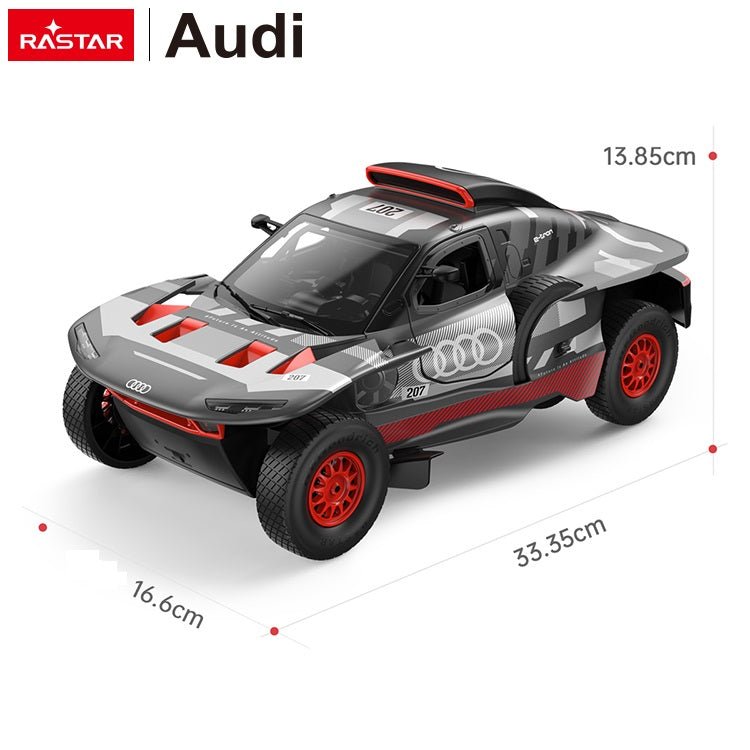 Rastar 1:14 Audi RS Q e-tron E2 RC car in grey and red Dakar rally livery shown from front 3/4 angle with dimension annotations — 33.35 cm length, 16.6 cm width, 13.85 cm height.