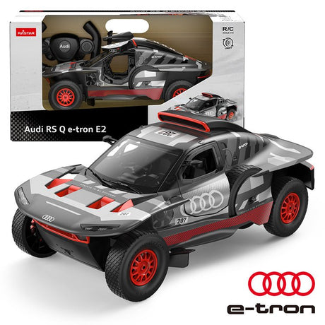 Rastar 1:14 Audi RS Q e-tron E2 RC car in Dakar grey/white/red livery shown from front 3/4 view beside its retail packaging box, with the Audi e-tron logo prominent and the R/C 1:14 scale label visible on the box.