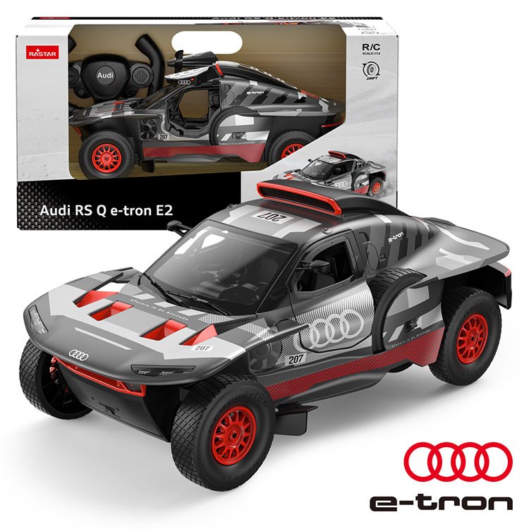 Rastar 1:14 Audi RS Q e-tron E2 RC car in Dakar grey/white/red livery shown from front 3/4 view beside its retail packaging box, with the Audi e-tron logo prominent and the R/C 1:14 scale label visible on the box.