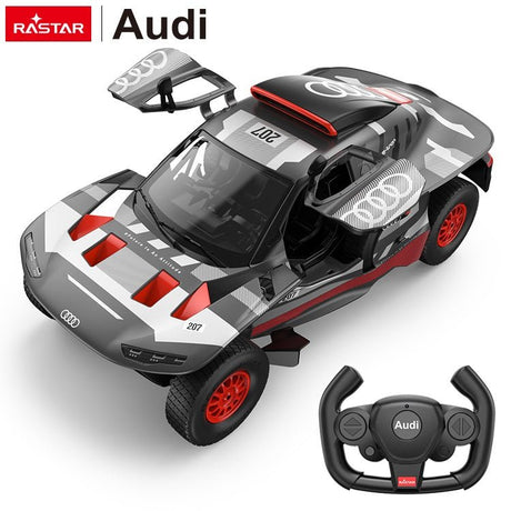 Rastar 1:14 Audi RS Q e-tron E2 RC car in grey, white and red Dakar rally livery shown in front 3/4 view with gull-wing doors open, displayed alongside its steering wheel-style 2.4GHz remote controller.