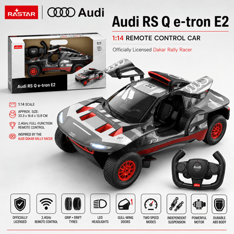 Promotional banner for the Rastar 1:14 Audi RS Q e-tron E2 RC car showing the car beside its retail window box packaging and the steering wheel controller, with feature badges for official licence, 2.4GHz remote control, grip and drift tyres, LED headlights, gull-wing doors, two speed modes, independent suspension, powerful motor, and durable ABS body.