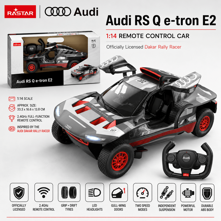 Promotional banner for the Rastar 1:14 Audi RS Q e-tron E2 RC car showing the car beside its retail window box packaging and the steering wheel controller, with feature badges for official licence, 2.4GHz remote control, grip and drift tyres, LED headlights, gull-wing doors, two speed modes, independent suspension, powerful motor, and durable ABS body.