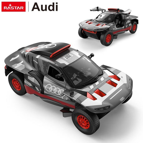 Rastar 1:14 Audi RS Q e-tron E2 RC car in grey and red Dakar rally livery shown from front 3/4 angle with doors open, and a smaller inset image showing the overhead view of the open cabin interior.