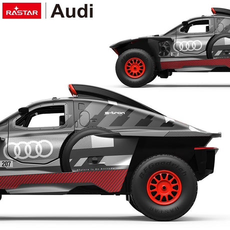 Rastar 1:14 Audi RS Q e-tron E2 RC car in grey and red rally livery shown in two side profile views — a lighter coloured variant above and a darker variant below — highlighting the e-tron badge, Audi rings, and BFGoodrich off-road tyres.