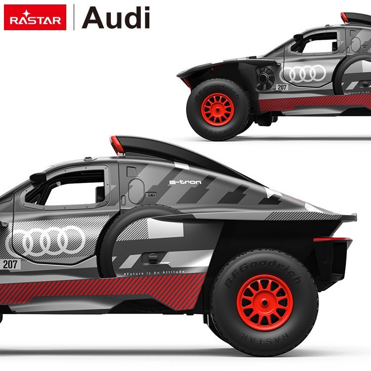 Rastar 1:14 Audi RS Q e-tron E2 RC car in grey and red rally livery shown in two side profile views — a lighter coloured variant above and a darker variant below — highlighting the e-tron badge, Audi rings, and BFGoodrich off-road tyres.