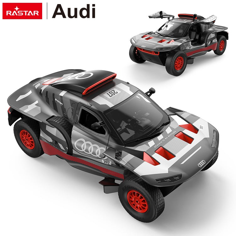 Rastar 1:14 Audi RS Q e-tron E2 RC car in grey and red Dakar rally livery shown from front 3/4 angle with doors open, and a smaller inset image showing the overhead view of the open cabin interior.