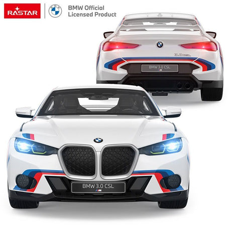 Product infographic for the Rastar 1:14 BMW 3.0 CSL RC car showing four multi-angle studio views (front-on with lights, rear 3/4, overhead, front 3/4 with door open) and a "Detail Display" section with five close-up panels covering the authorised BMW logo, flexible rear mirror, dedicated interior decoration, simulation tyre tread, and butterfly wing-style door mechanism.