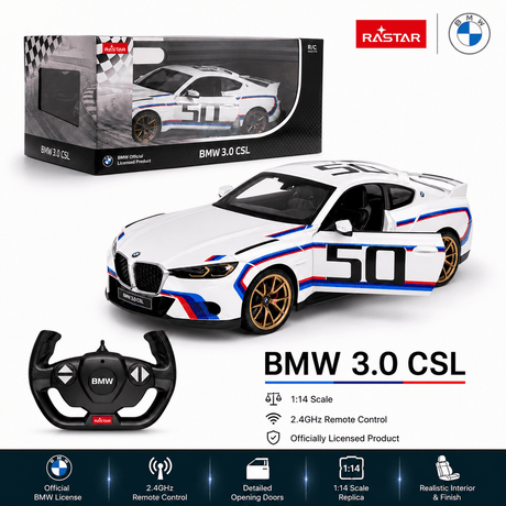 Retail packaging and product banner for the Rastar 1:14 BMW 3.0 CSL RC car showing the white M-Power race livery car beside its window box packaging and BMW steering wheel controller, with feature badges for official BMW licence, 2.4GHz remote control, detailed opening doors, 1:14 scale replica, and realistic interior.