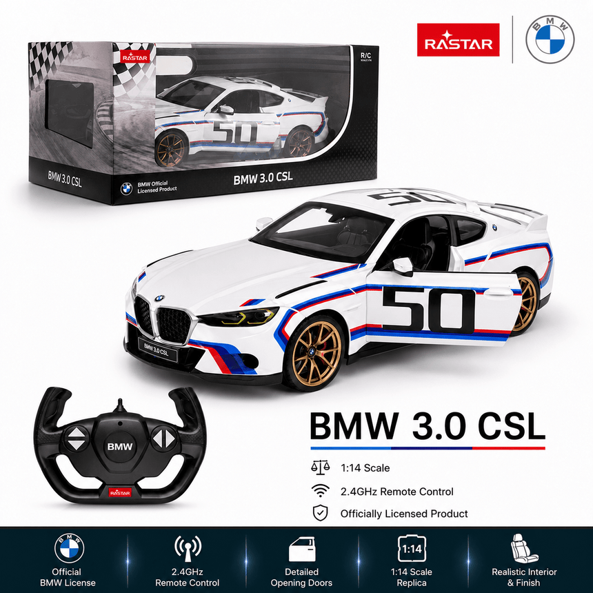 Retail packaging and product banner for the Rastar 1:14 BMW 3.0 CSL RC car showing the white M-Power race livery car beside its window box packaging and BMW steering wheel controller, with feature badges for official BMW licence, 2.4GHz remote control, detailed opening doors, 1:14 scale replica, and realistic interior.