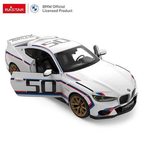 Rastar 1:14 BMW 3.0 CSL RC car in white M-colour livery shown in front-on view with LED headlights illuminated (top) and rear view showing LED taillights and "BMW 3.0 CSL M" badging (bottom).