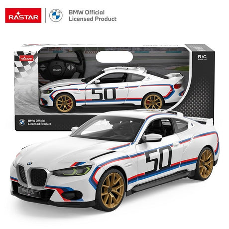 Rastar 1:14 BMW 3.0 CSL RC car in white M-Power livery with number 50 shown in two angles — a front 3/4 view at top and a lower front 3/4 view with door open at bottom — highlighting the gold alloy wheels and large rear spoiler.