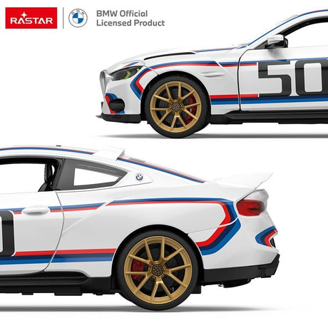 Full product infographic sheet for the Rastar 1:14 BMW 3.0 CSL RC car listing key features including officially licensed BMW styling, working LED headlights and taillights, 4-wheel independent suspension, 1:14 scale, multi-angle studio views, full-function control diagram, and what's-in-the-box contents.
