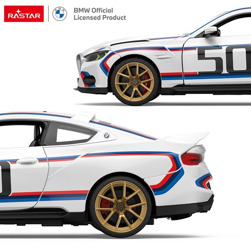 Full product infographic sheet for the Rastar 1:14 BMW 3.0 CSL RC car listing key features including officially licensed BMW styling, working LED headlights and taillights, 4-wheel independent suspension, 1:14 scale, multi-angle studio views, full-function control diagram, and what's-in-the-box contents.