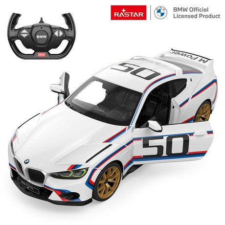 Rastar 1:14 BMW 3.0 CSL RC car in white BMW M-colour race livery shown from a high overhead front 3/4 angle with the driver's door open, revealing the detailed interior including steering wheel and seats, with gold M-sport alloy wheels.