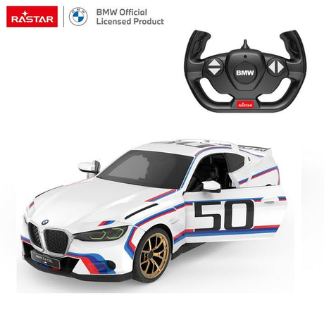 Rastar 1:14 BMW 3.0 CSL RC car in white with BMW M-colour blue, red and black racing stripes and race number 50, shown from front 3/4 angle with door open, displayed alongside its BMW-branded steering wheel-style 2.4GHz remote controller.