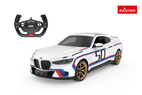 Rastar 1:14 BMW 3.0 CSL RC car in white M-Power livery with number 50 shown beside its retail packaging box; the box displays the car and controller through a window, with "BMW Official Licensed Product" and "R/C Scale 1:14" labels visible.