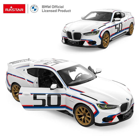 Rastar 1:14 BMW 3.0 CSL RC car in white M-Power livery shown in two side detail closeup views — front quarter highlighting the green-tinted headlight and gold alloy wheel, and rear quarter showing the taillight and gold wheel detail.